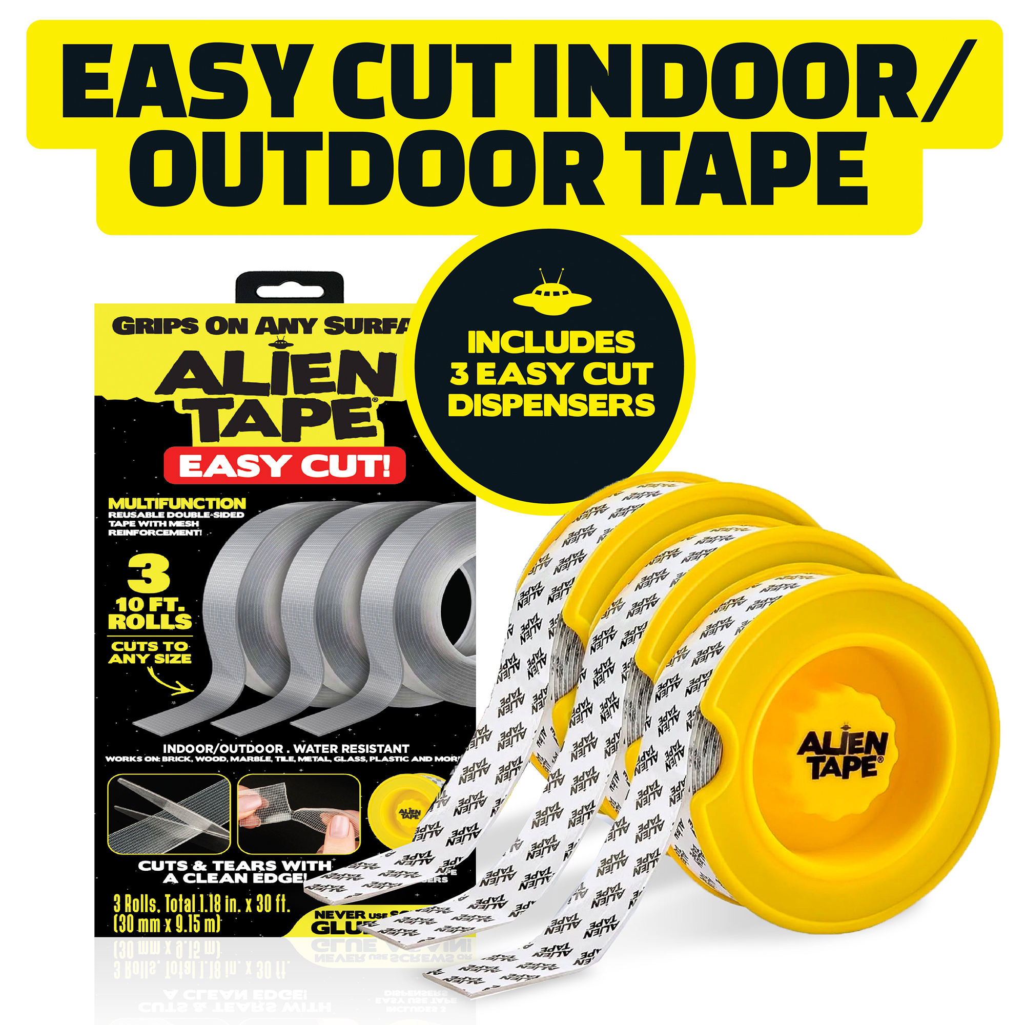 Alien Tape EZ-Cut Double-Sided Tape, 3 Rolls x 10 ft, Pre-Cut Grids, No Scissors Needed, Multi-Surface